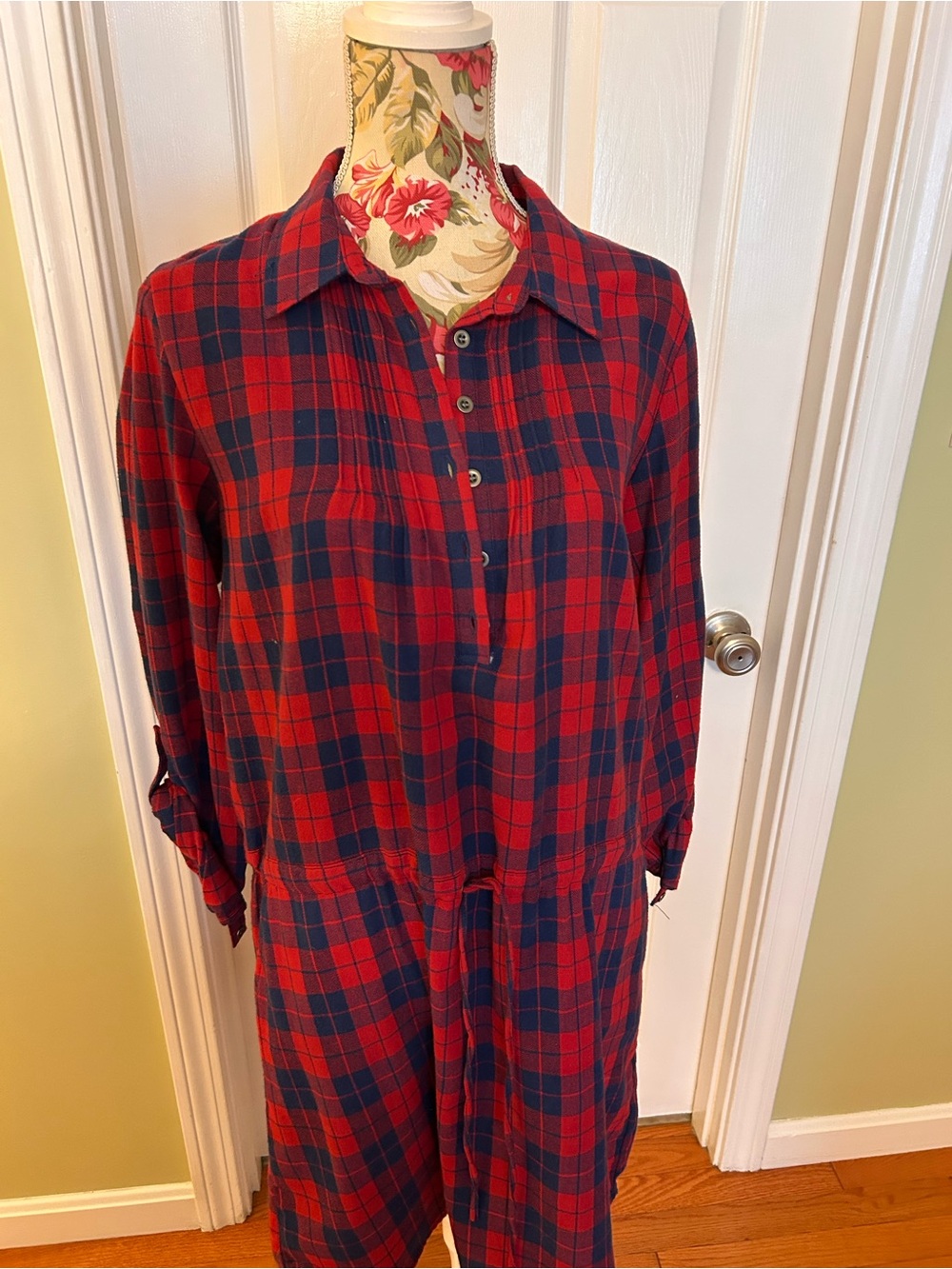 Alya Red and Navy Plaid Long-Sleeve Shirt Dress
